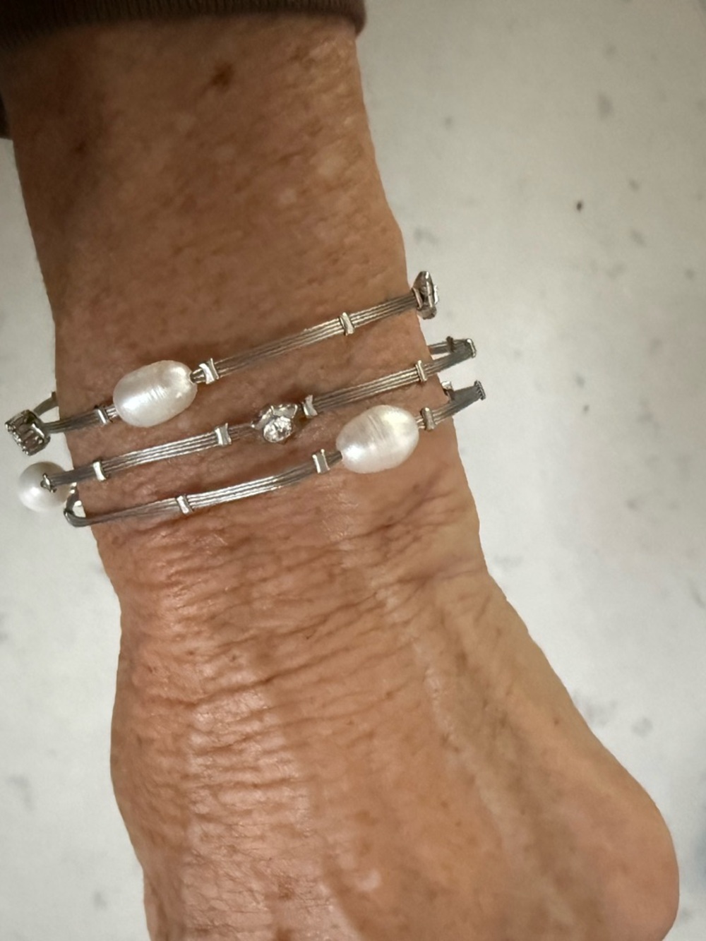 Silver-Tone Multi-Row Pearl Coil Bracelet - White Pearls